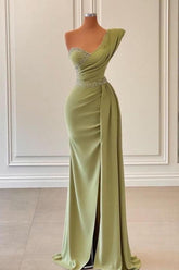 Elegante vestido de fiesta de gasa estilo sirena, sin mangas, con un solo hombro y detalles de cuentas, color verde
